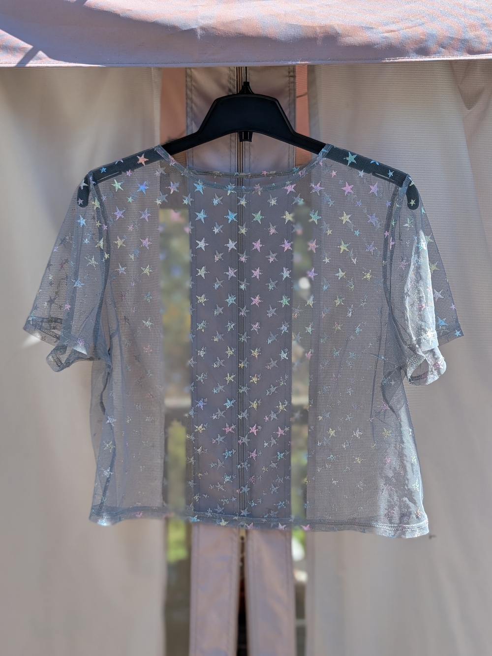 SHEIN Iridescent Star Mesh Crop Top - Gray with Multicolor Stars